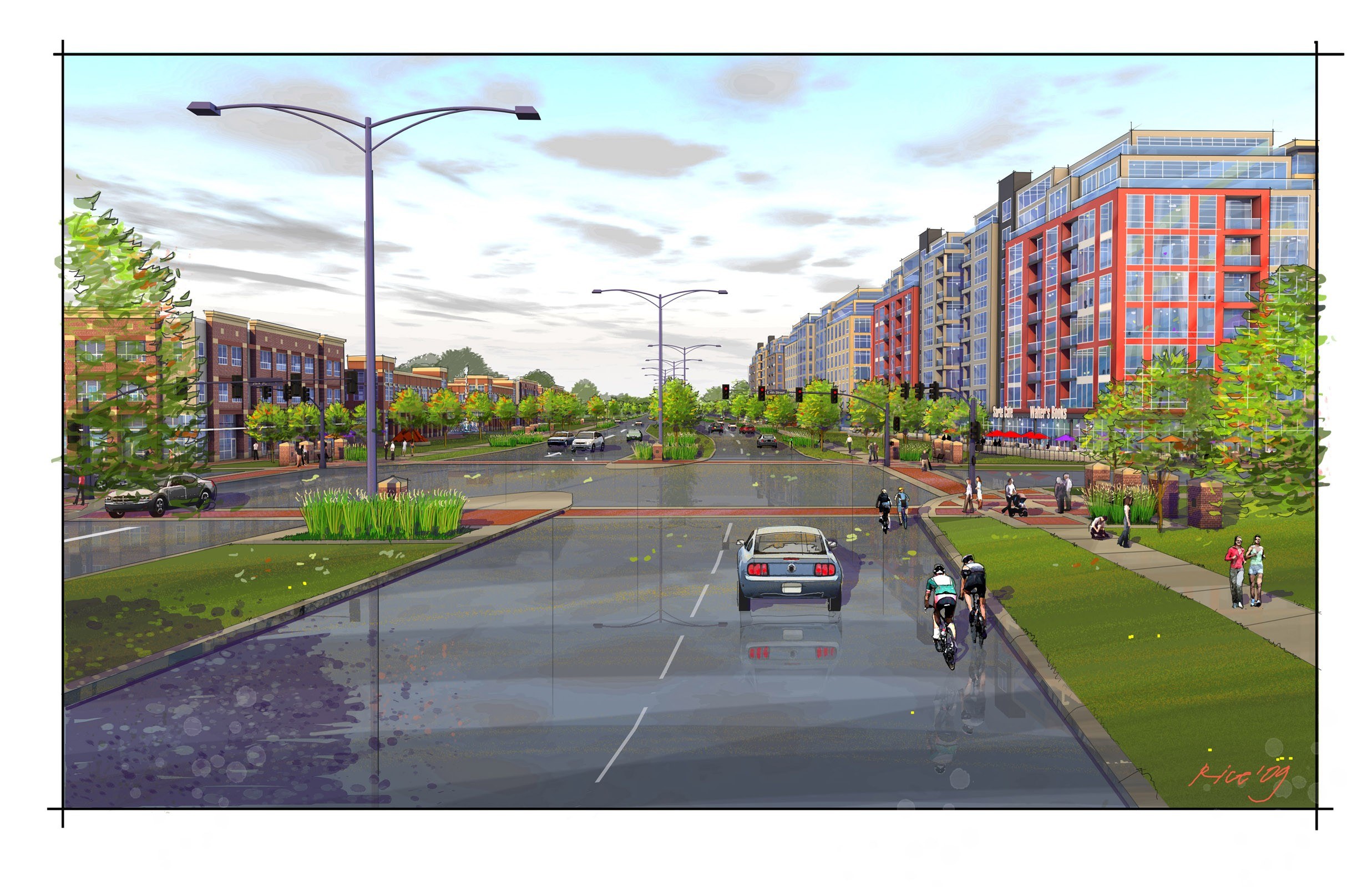 Urban street rendering with cyclists