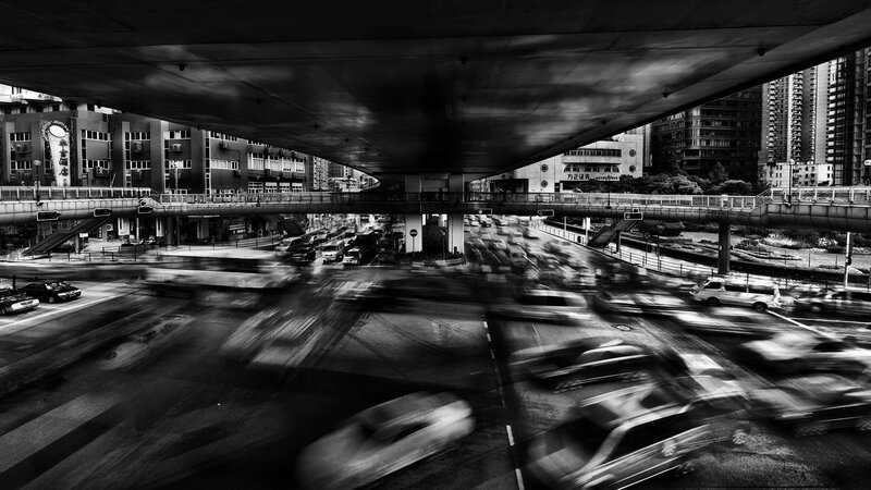 Urban traffic under overpass