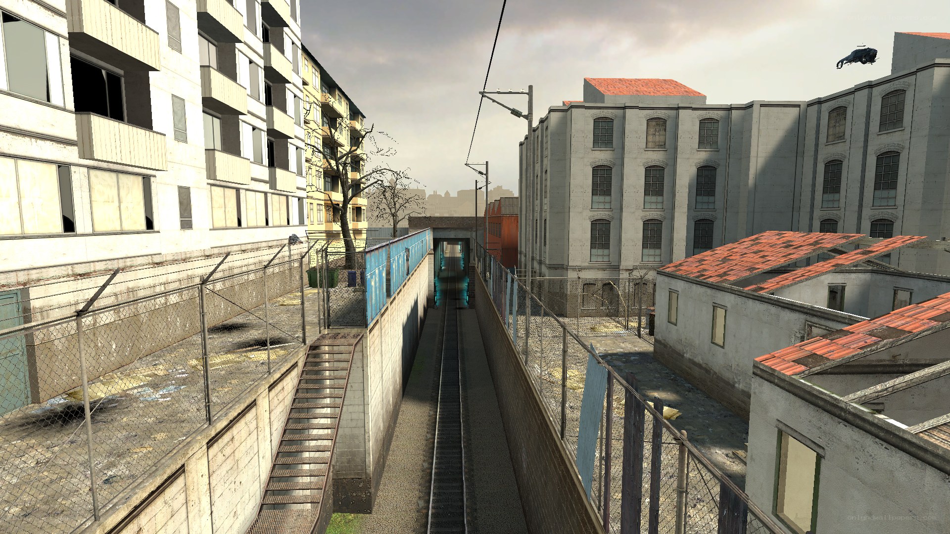 Urban train yard scene