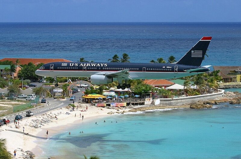 US Airways plane over beach