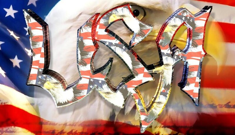 USA text with eagle and flag