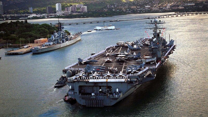 USS Arizona and USS Missouri at Pearl Harbor