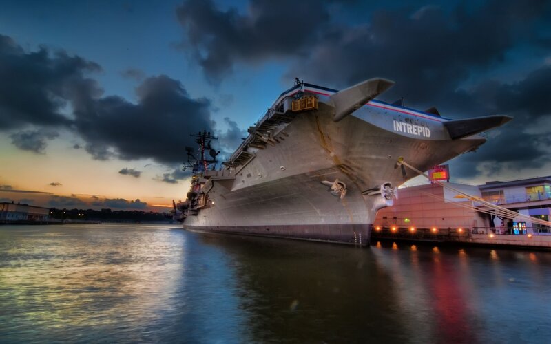 USS Intrepid at dusk