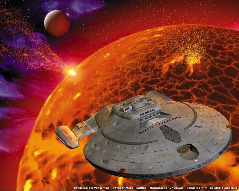 USS Voyager near a volcanic planet