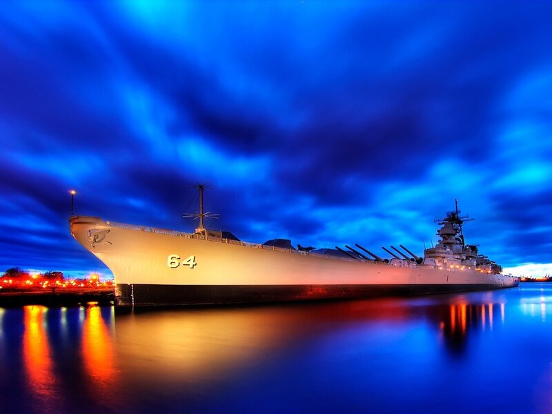 USS Wisconsin at dusk