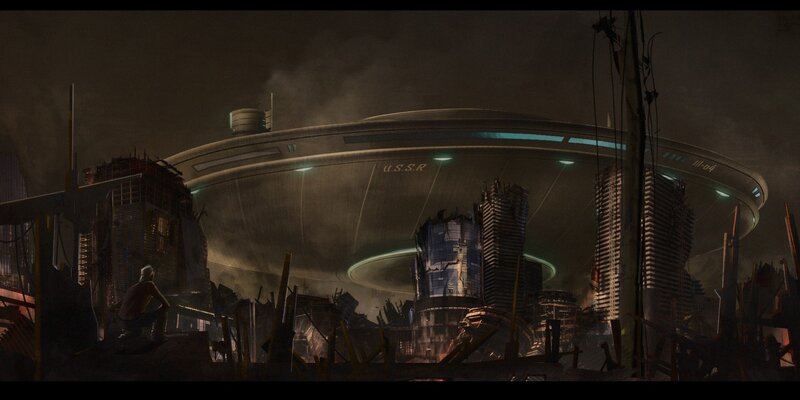 USSR spaceship in ruined city