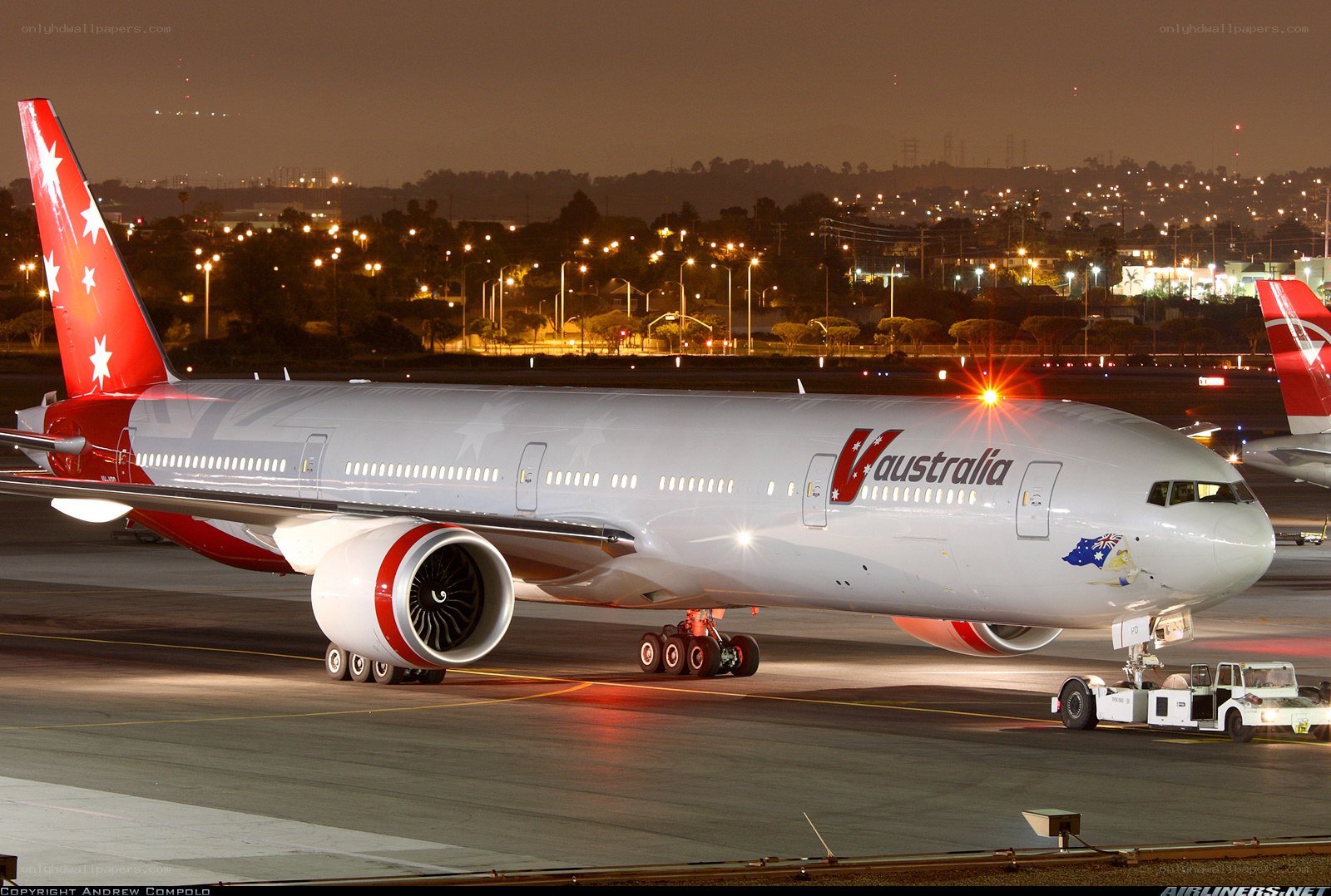 V Australia aircraft at night