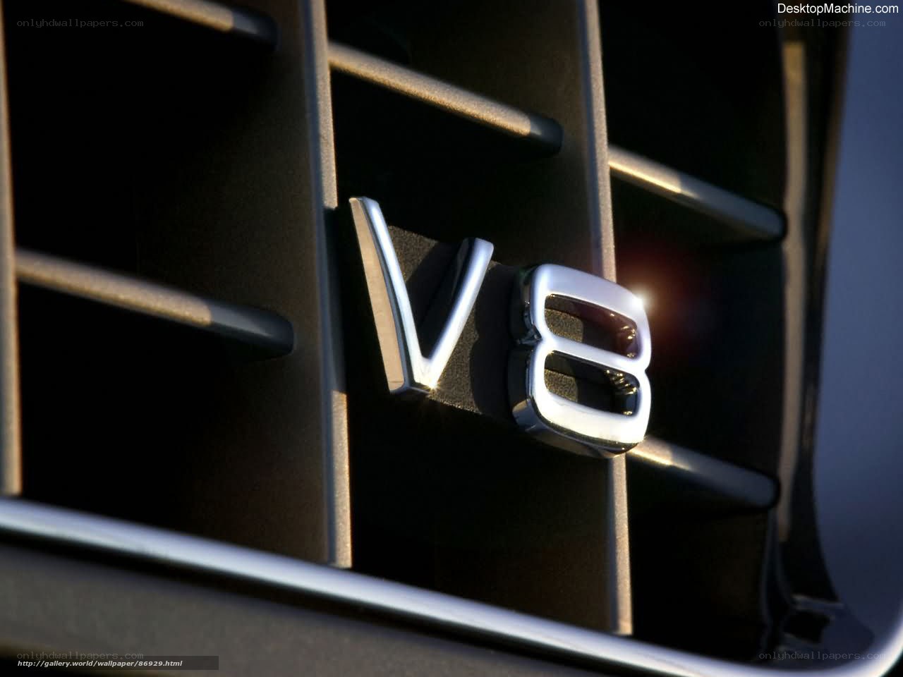 V8 engine badge on car grille
