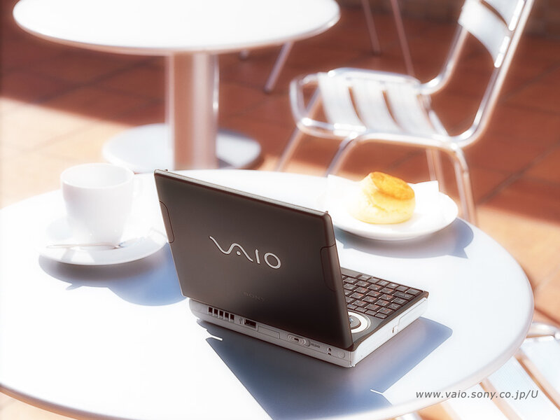 Vaio laptop on a cafe table