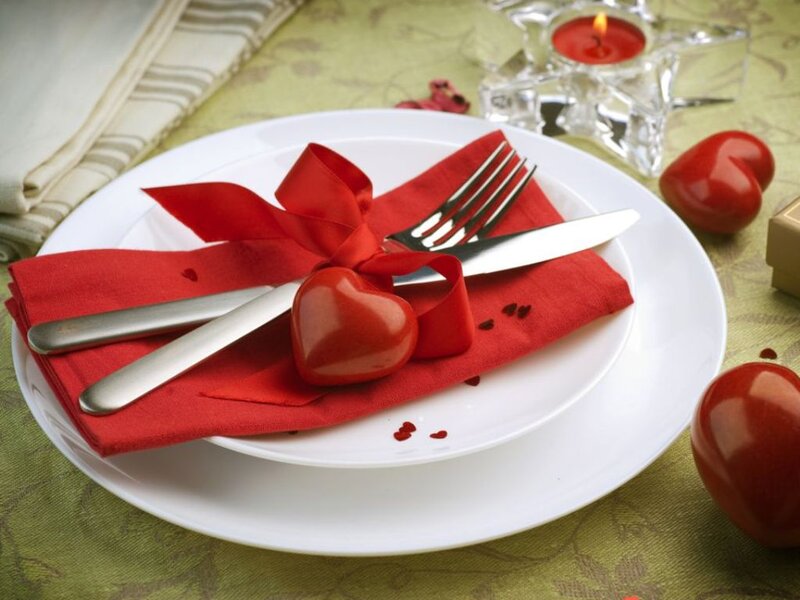 Valentine's Day Table Setting — Red, Romantic, Night, Photograph, Heart-shaped Objects