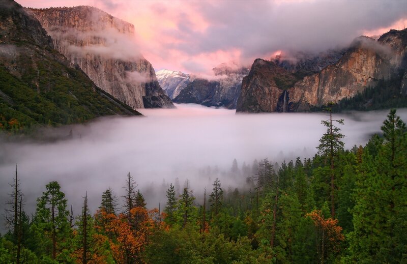 Valley with Fog and Mountains — Green, Serene, Sunset
