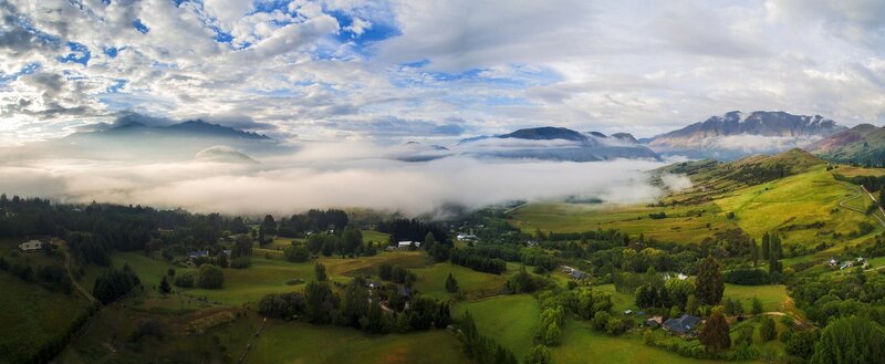 Valley with Fog and Mountains — Green, Serene