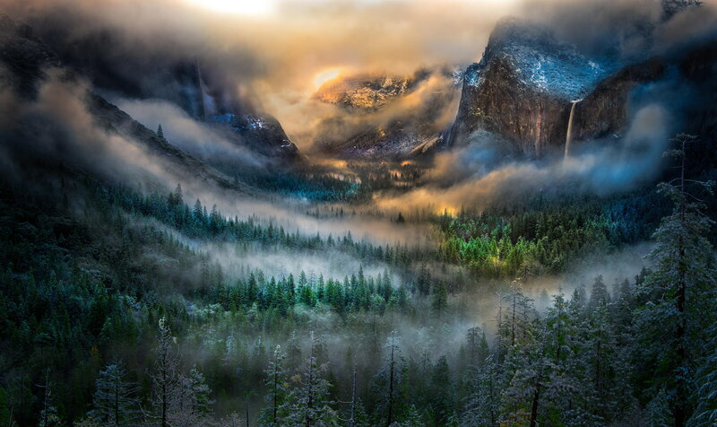 Valley with Forest and Waterfall — Green