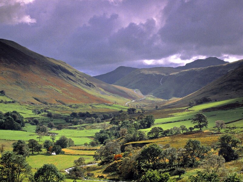 valley with green hills and purple sky