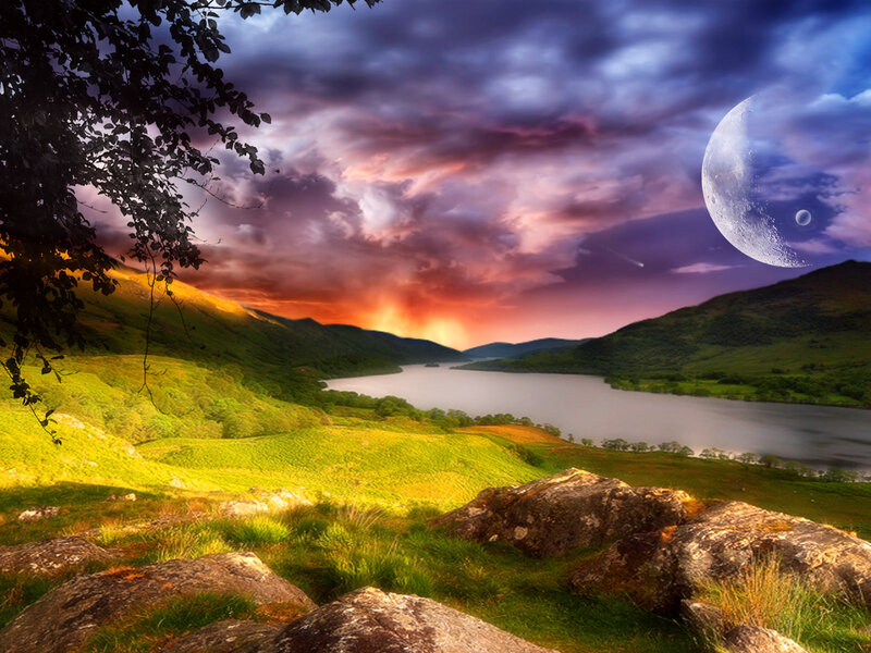 Valley with Lake and Moon