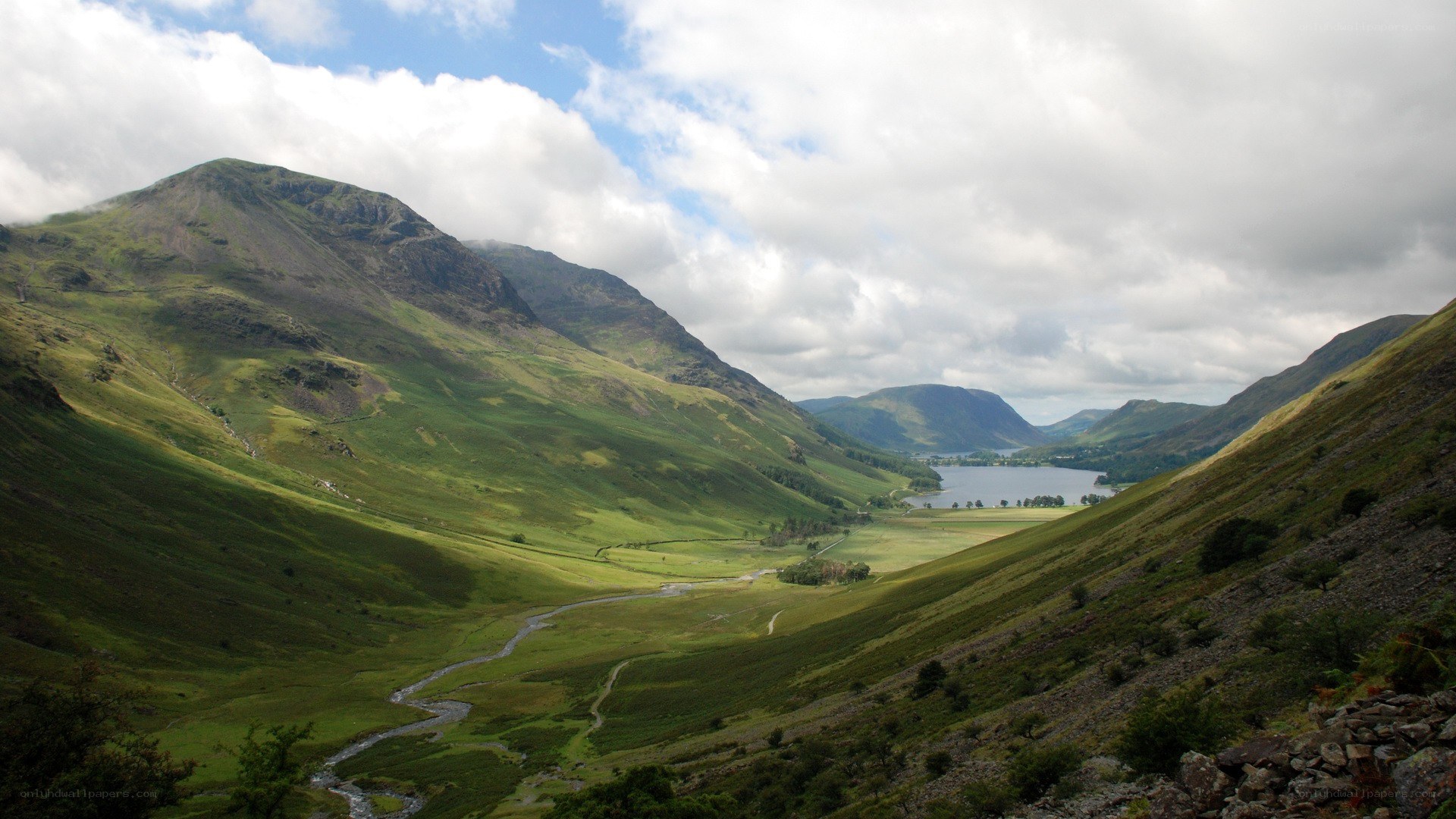 valley with lake and mountains