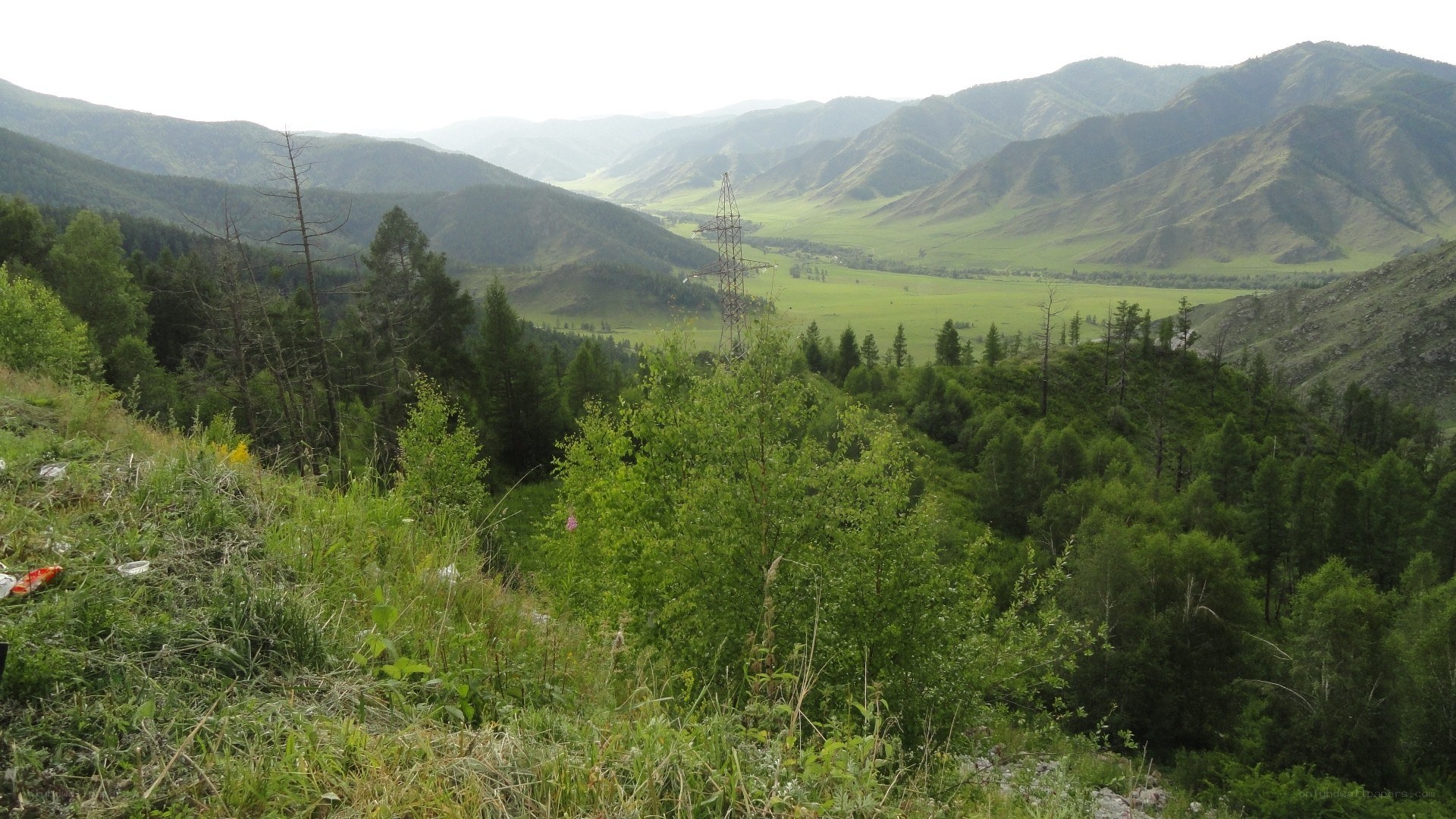 valley with mountains and power lines