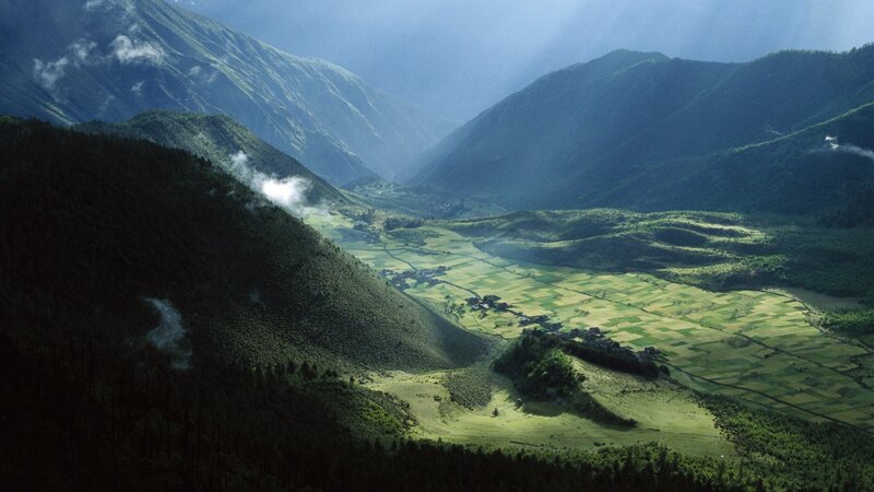 Valley with Terraced Fields — Green, Serene, Morning, Photograph, Mountains, Clouds, Village, Blue