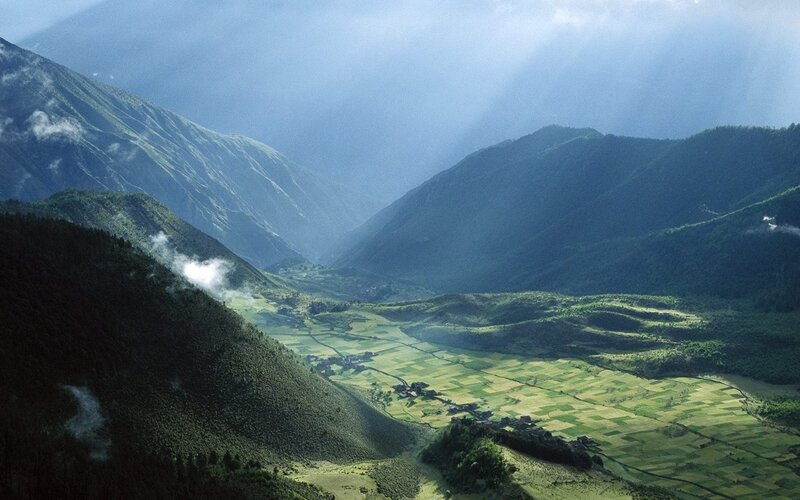 Valley with Terraced Fields — Green, Serene, Morning, Photograph, Mountains, Village, Clouds