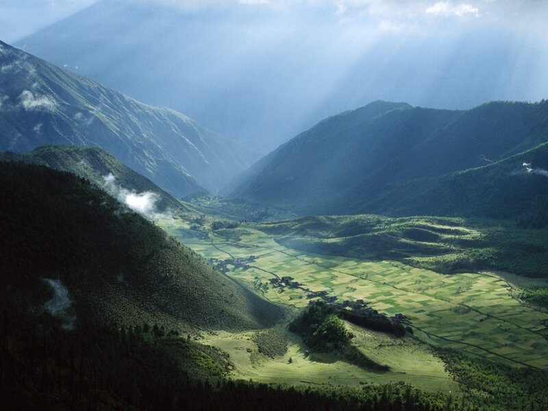 Valley with Terraced Fields — Green, Serene, Morning, Photograph, Mountains, Village