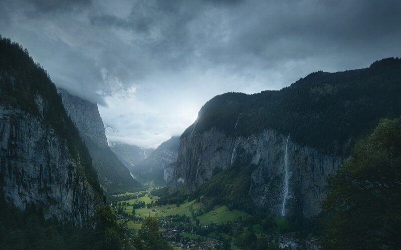 Valley with Waterfall — Green, Dramatic