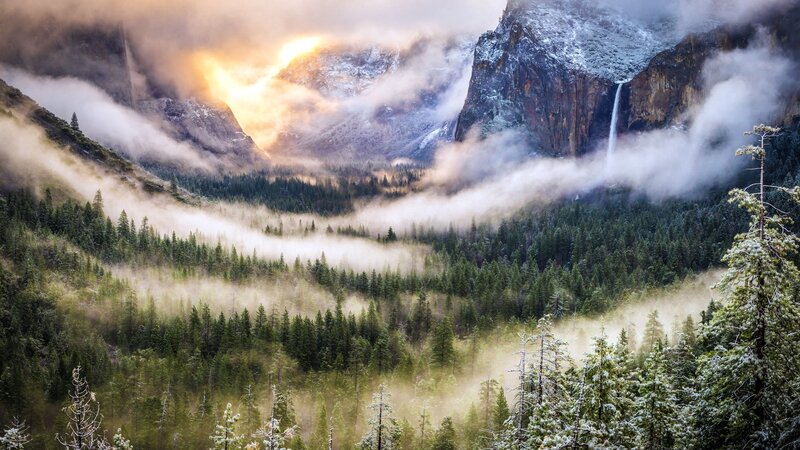 Valley with Waterfall — Green, Misty
