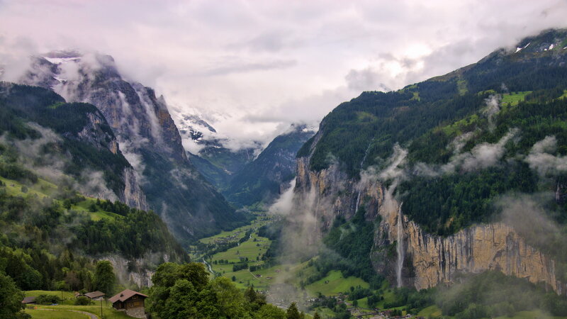 Valley with Waterfalls — Green, Misty