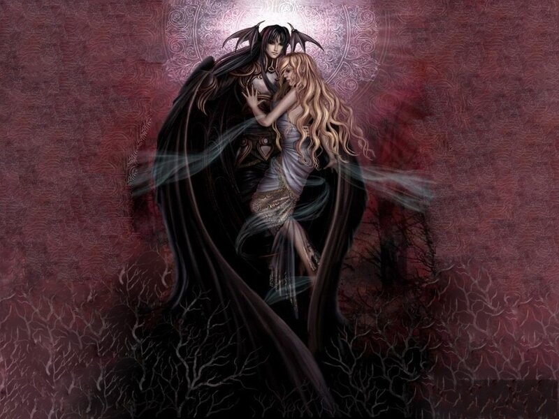 Vampire and woman in dark embrace