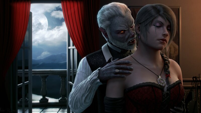 Vampire and woman on balcony