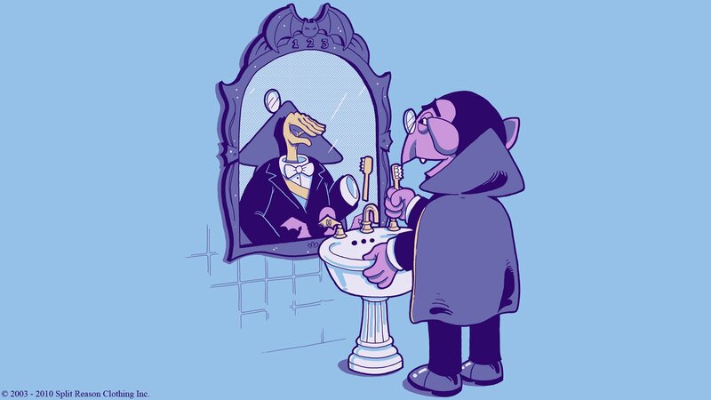Vampire Brushing Teeth — Blue, Humorous, Illustration