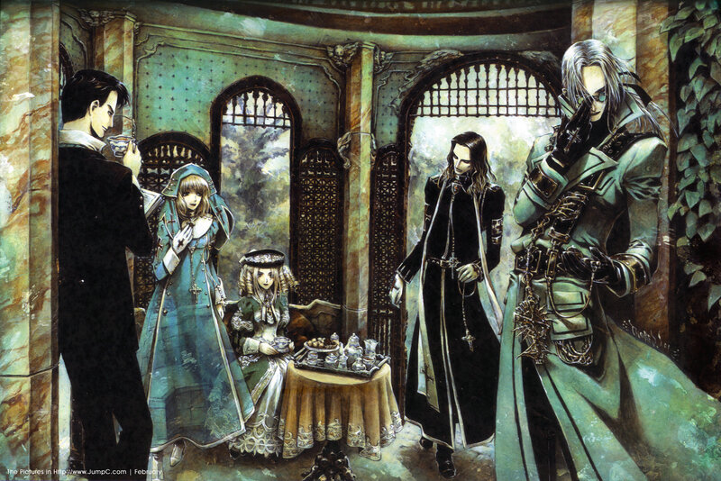 Vampire characters in a gothic hall