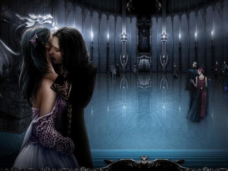 Vampire couple kissing in a grand hall