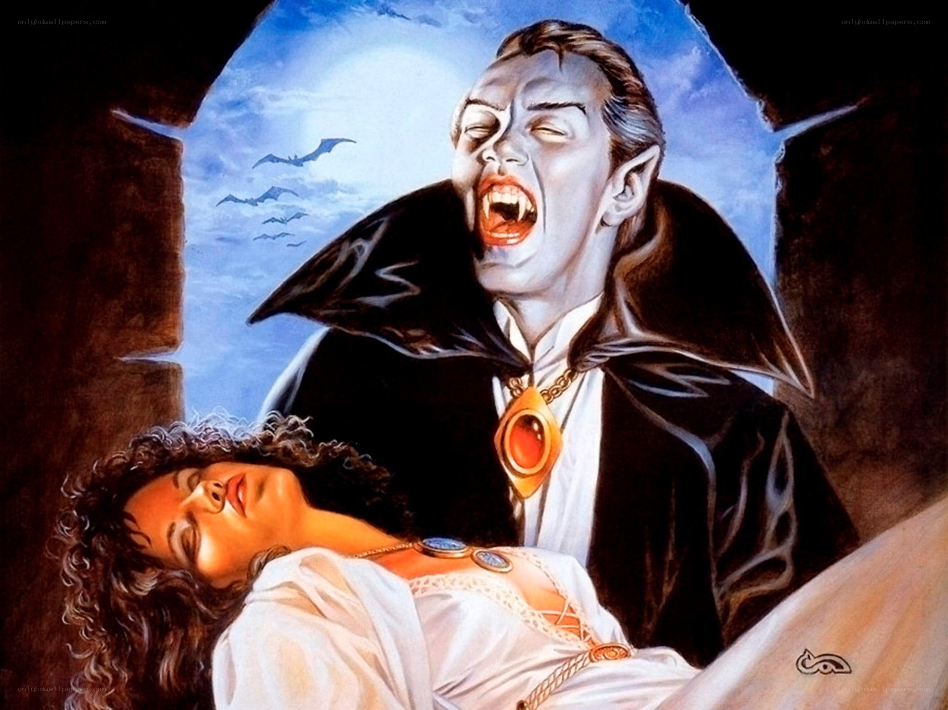Vampire feeding on a woman
