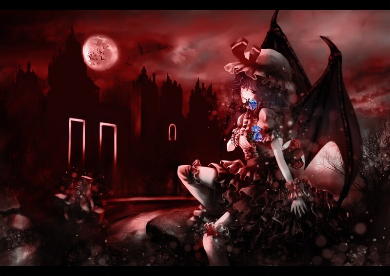 Vampire girl in a red moonlit night