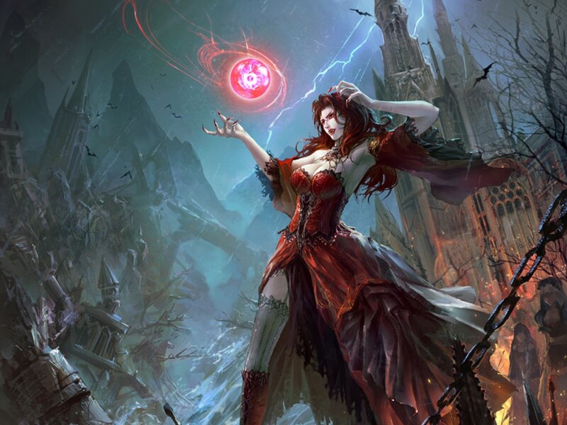 Vampire sorceress in a ruined city
