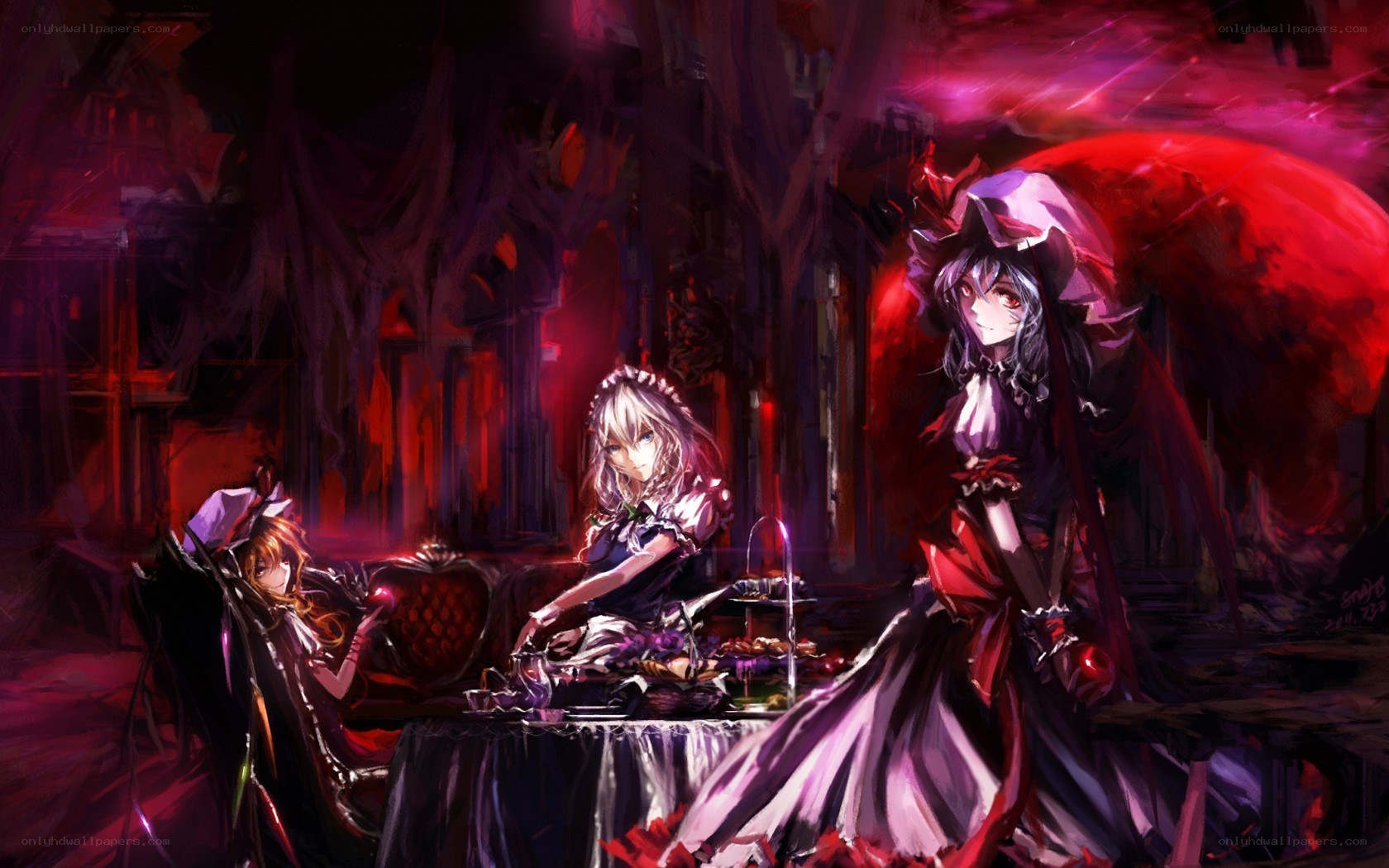 Vampire tea party in a gothic hall
