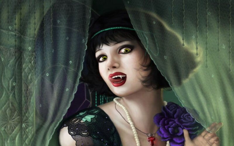 Vampire Woman Behind Curtain — Green, Dramatic