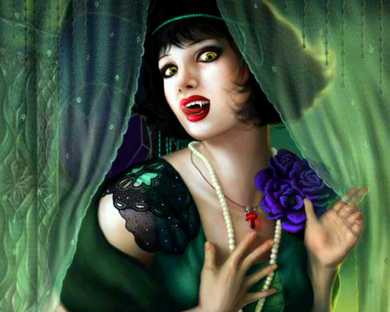 Vampire Woman Behind Curtain — Green