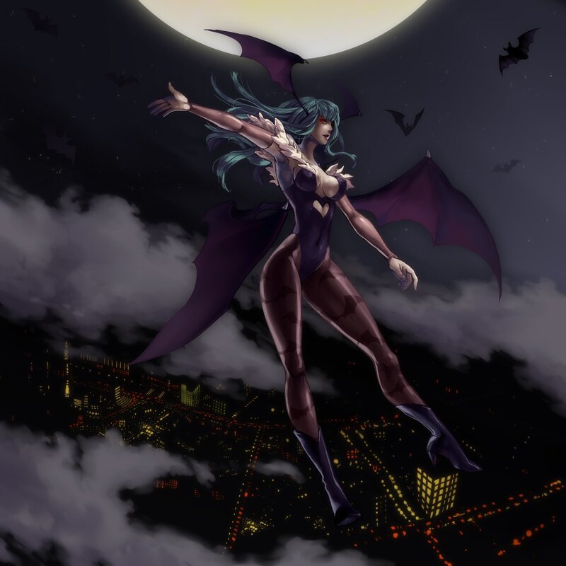 vampire woman flying over city