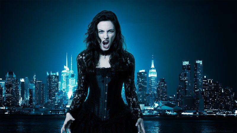 vampire woman in cityscape