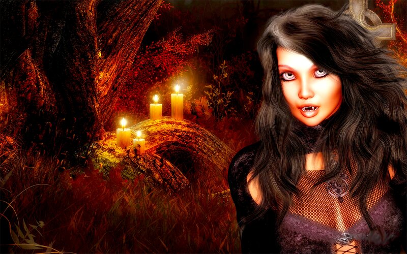 Vampire Woman in Forest — Black, Dramatic, Night