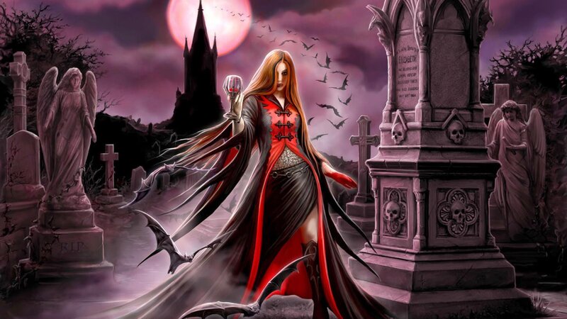 Vampire Woman in Graveyard — Purple, Dark, Night, Digital Art, Graves, Bats