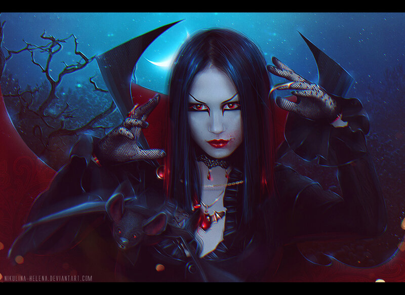 Vampire Woman with Bat — Blue, Dramatic