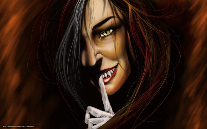 Vampire Woman with Fangs — Brown, Dramatic, Digital Art