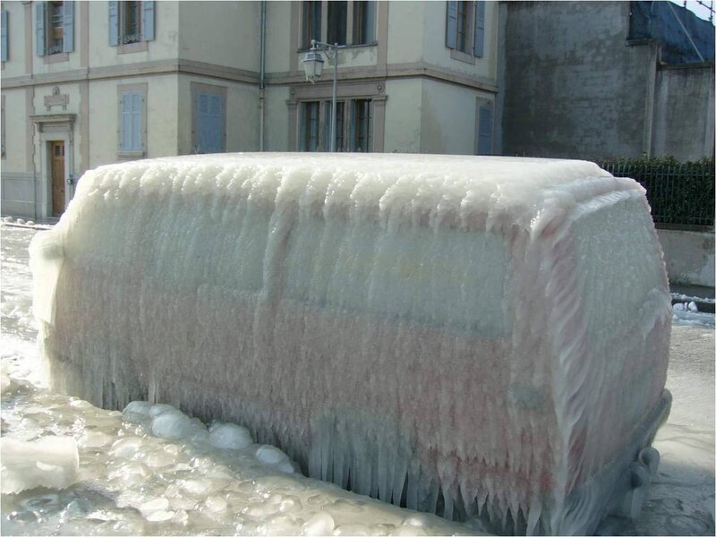 Van frozen in ice