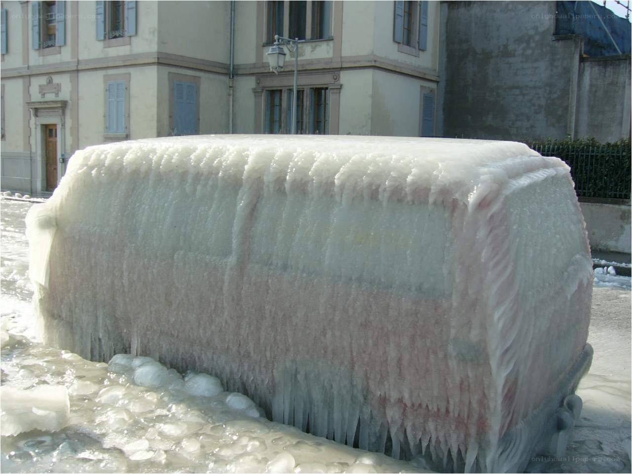 Van frozen in ice
