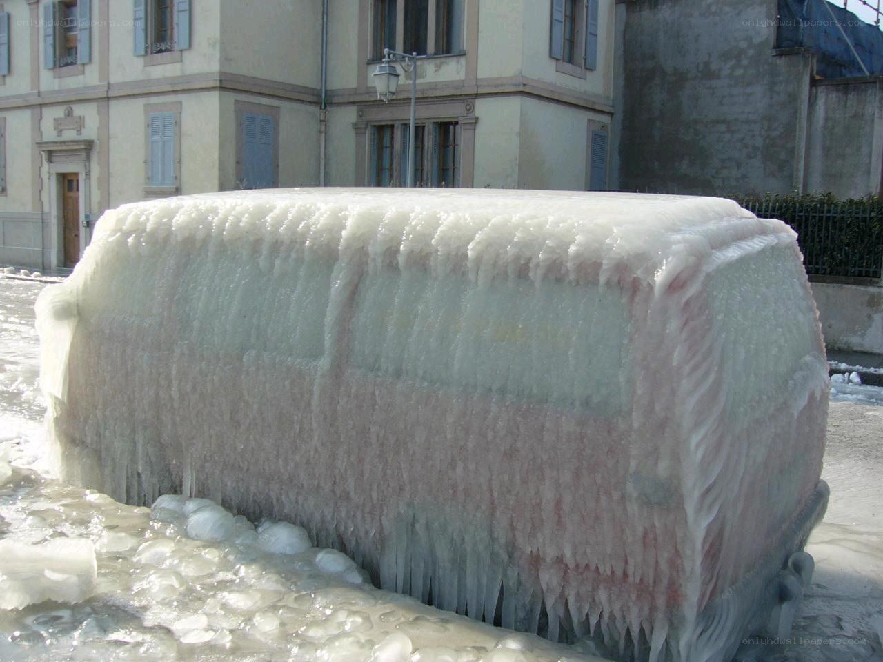 Van frozen in ice