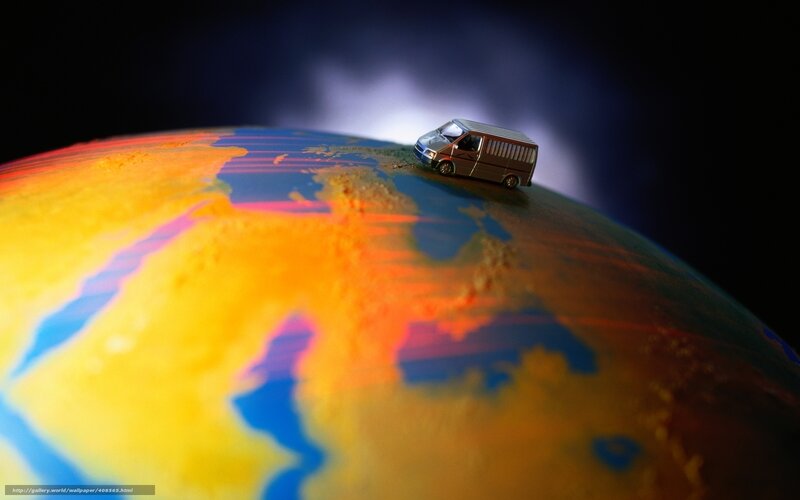 Van on a colorful globe