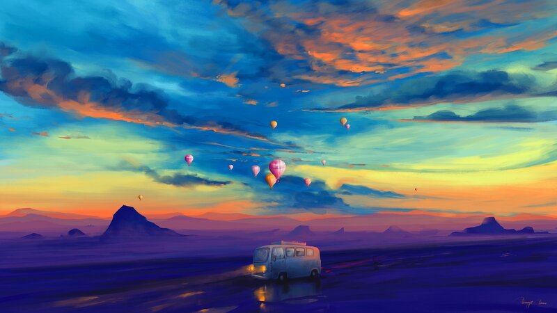 Van on Desert Road — Blue, Serene