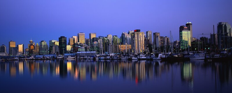 Vancouver Skyline at Dusk — Blue, Serene, Night, Photograph, Skyscraper, Marina